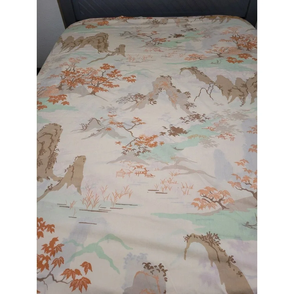 Vintage Asian-Inspired Full Flat & Fitted Sheets Set With Scenic Mountain & Tree